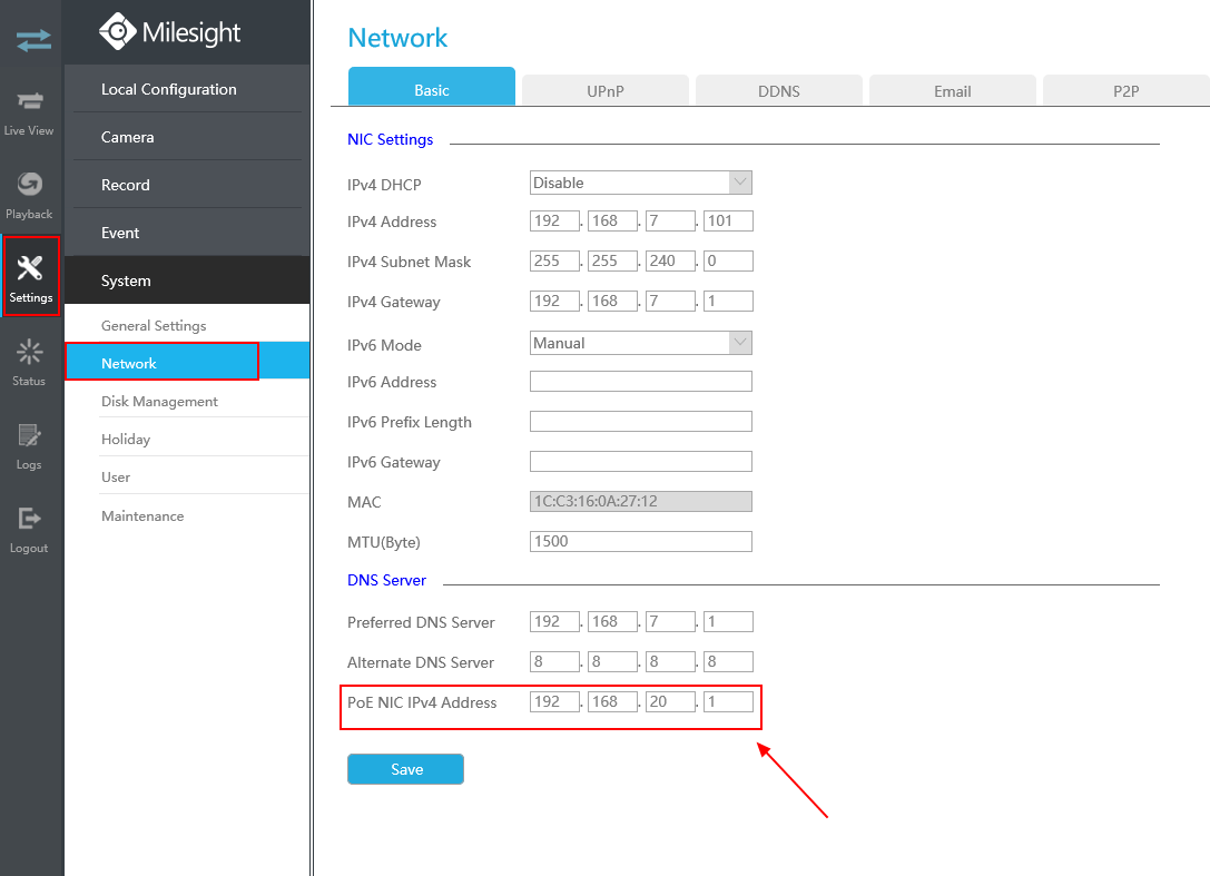 Configure camera on web via PoE port